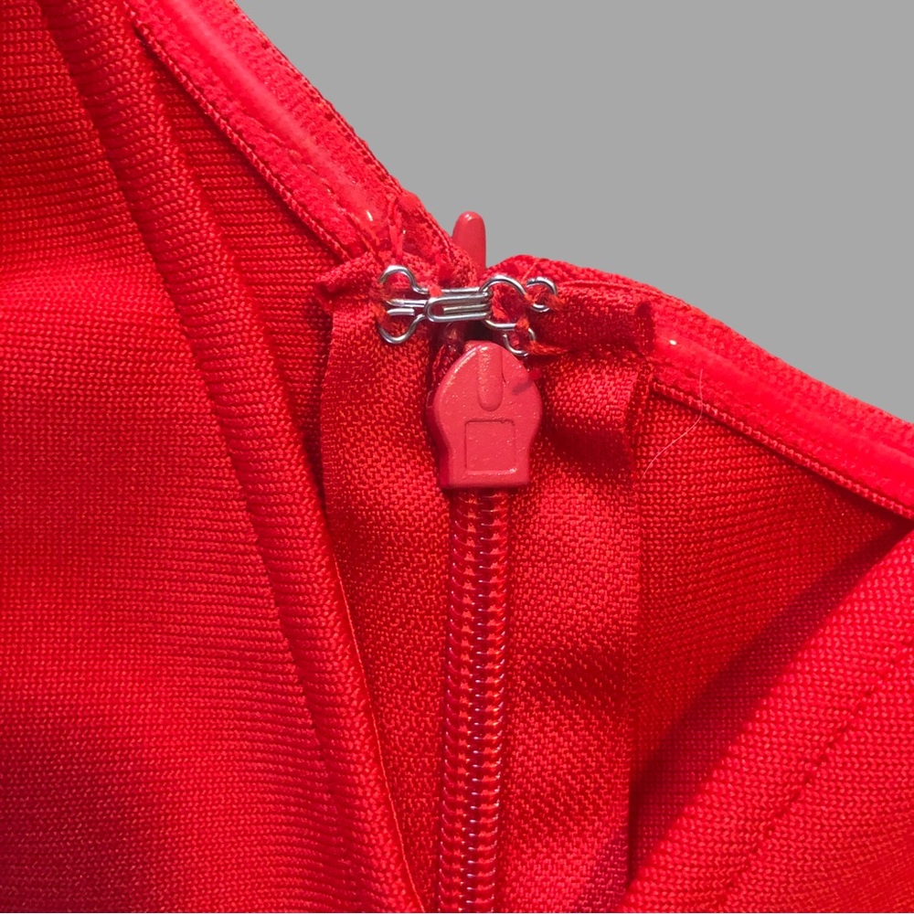 One Shoulder RED Midi Sheath Dress Bow Detail Sleeveless Back Slit Size S - Picture 4 of 6